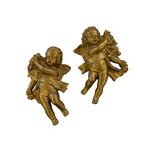 2 Vintage Dickson Gold Hollywood Regency Cherubs Wall Decor 10"